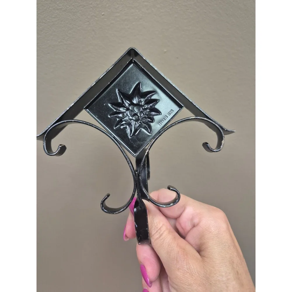 Vintage West Germany Edelweiss Wall Hooks Pair Black Metal Alpine Folk Decor Set